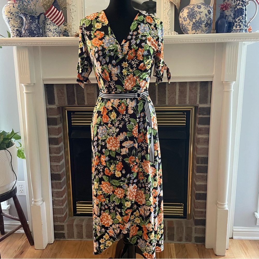 Dex Black Floral Faux-wrap Midi Dress